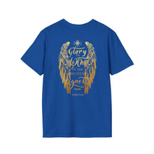 Load image into Gallery viewer, Glory to God in the Highest Luke 2:14 Christmas Angel Wings T-Shirt for Church Attendees, Everyday Believers, and Religious Gift Giving