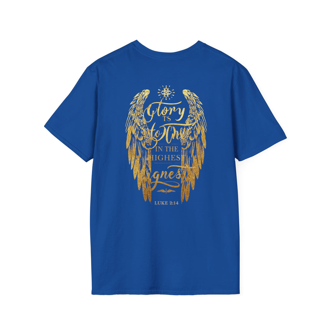 Glory to God in the Highest Luke 2:14 Christmas Angel Wings T-Shirt for Church Attendees, Everyday Believers, and Religious Gift Giving
