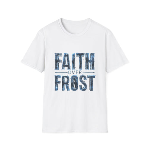 Faith Over Frost Christian Winter T-Shirt Inspiring Scripture Tee for Church Attendees, Everyday Believers in Public, Religious Gift Giving