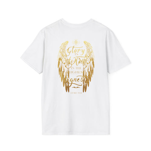 Glory to God in the Highest Luke 2:14 Christmas Angel Wings T-Shirt for Church Attendees, Everyday Believers, and Religious Gift Giving