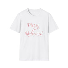 Load image into Gallery viewer, Merry and Redeemed Candy Cane Christmas Christian T-Shirt Holiday Faith Tee for Church Attendees, Everyday Believers, Religious Gift Giving