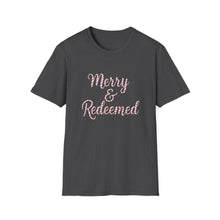 Load image into Gallery viewer, Merry and Redeemed Candy Cane Christmas Christian T-Shirt Holiday Faith Tee for Church Attendees, Everyday Believers, Religious Gift Giving