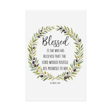 Load image into Gallery viewer, Blessed Scripture Wall Art (Luke 1:45) | Floral Wreath Christian Print