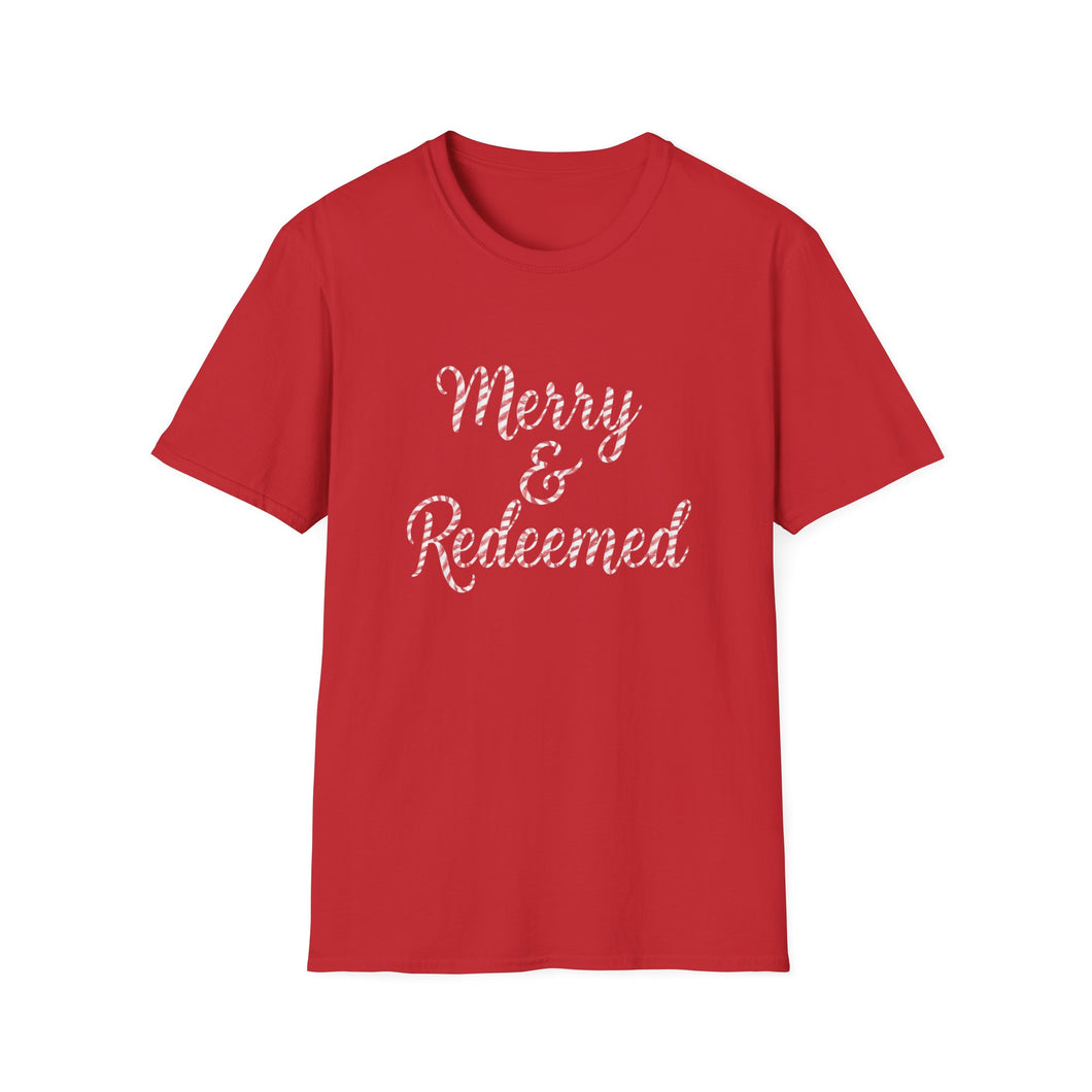Merry and Redeemed Candy Cane Christmas Christian T-Shirt Holiday Faith Tee for Church Attendees, Everyday Believers, Religious Gift Giving