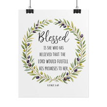 Load image into Gallery viewer, Blessed Scripture Wall Art (Luke 1:45) | Floral Wreath Christian Print