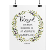 Load image into Gallery viewer, Rolled Poster — "Blessed" Luke 1:45 Olive Wreath Bible Verse Wall Art