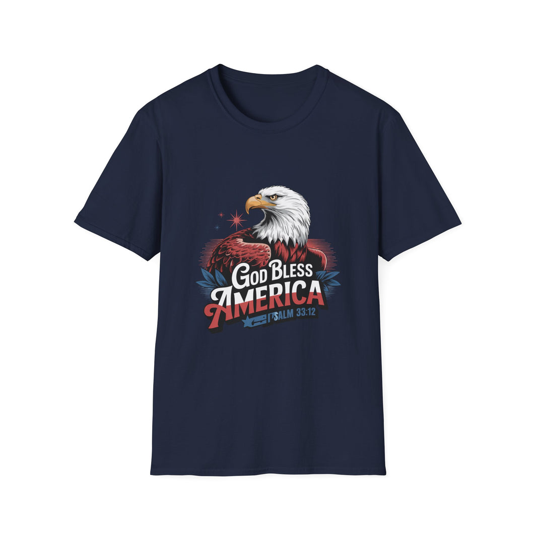 God Bless America T-Shirt Psalm 33:12 | Patriotic Christian Faith Shirt with Bald Eagle for Church Attendees, Everyday Believers, and Religious Gift Giving