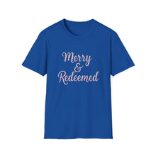 Load image into Gallery viewer, Merry and Redeemed Candy Cane Christmas Christian T-Shirt Holiday Faith Tee for Church Attendees, Everyday Believers, Religious Gift Giving