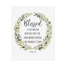 Load image into Gallery viewer, Rolled Poster — "Blessed" Luke 1:45 Olive Wreath Bible Verse Wall Art