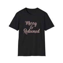 Load image into Gallery viewer, Merry and Redeemed Candy Cane Christmas Christian T-Shirt Holiday Faith Tee for Church Attendees, Everyday Believers, Religious Gift Giving