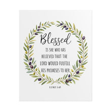 Load image into Gallery viewer, Rolled Poster — "Blessed" Luke 1:45 Olive Wreath Bible Verse Wall Art
