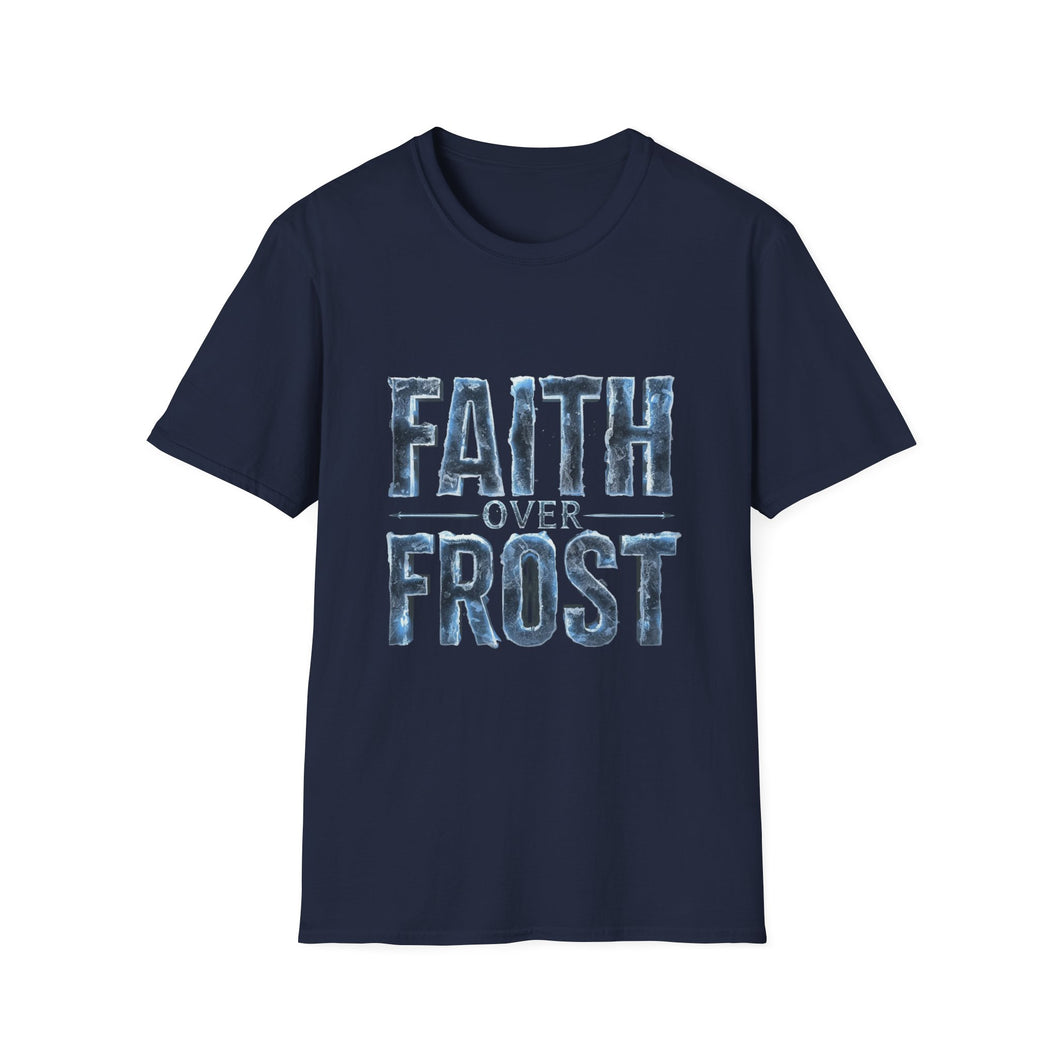 Faith Over Frost Christian Winter T-Shirt Inspiring Scripture Tee for Church Attendees, Everyday Believers in Public, Religious Gift Giving