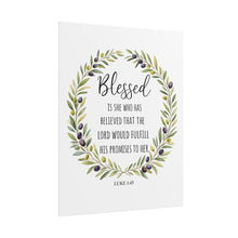 Load image into Gallery viewer, Rolled Poster — "Blessed" Luke 1:45 Olive Wreath Bible Verse Wall Art
