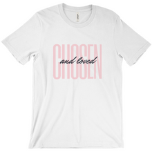 Load image into Gallery viewer, Chosen and Loved T-Shirt – Inspirational Christian Tee in Pink and Black Lettering