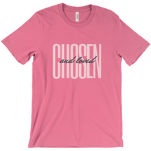 Load image into Gallery viewer, Chosen and Loved T-Shirt – Inspirational Christian Tee in Pink and Black Lettering